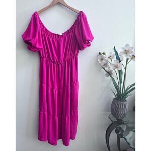 See You Monday Pink Off-the-Shoulder Puff Short Sleeve Tiered Maxi Dress XL